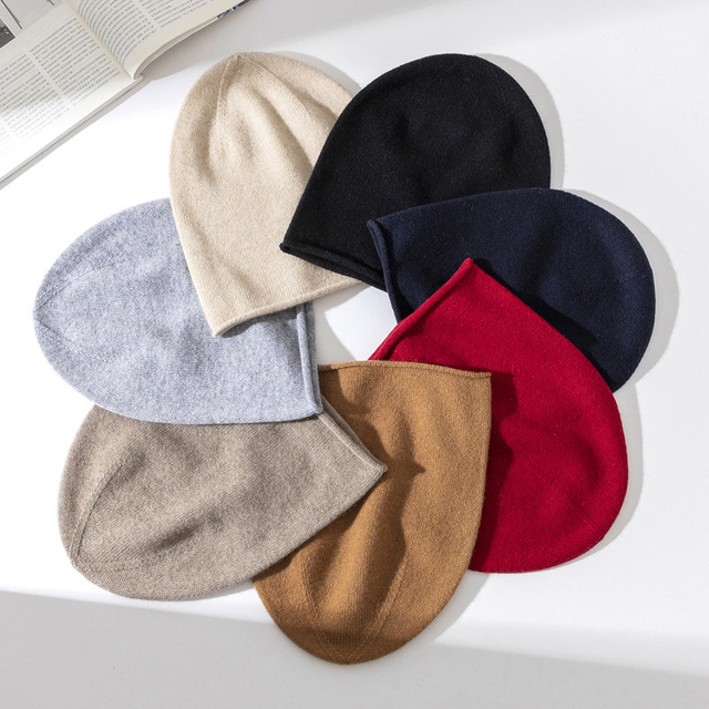 Custom Winter Warm Men Women 100 Cashmere Wool Seamless Cuffed Slouchy Knit Beanie Hats Pile Cap