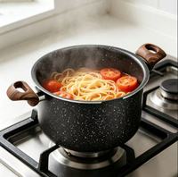Casserole à pâtes antiadhésive en granit sans PFAS avec couvercle passoire, marmite en aluminium avec poignées double effet bois