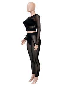 Viviblook Z1009ST06 Tenues pour femmes Mode Casual Mesh Set See Through Zipper Cardigan Tight Pants Plus Size Two-Piece Set - Product Image 2