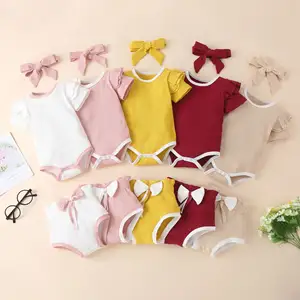 Wholesale 2021 3 Pieces Ribbed Baby Girl Clothes Newborn Summer Romper With Bloomer