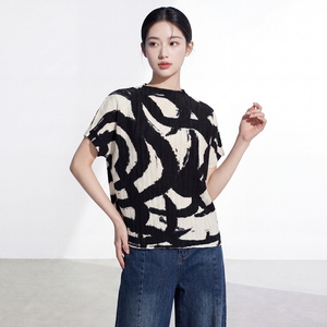 PY Women's Geometric Print Woven Cap Sleeve Stand Collar T-Shirt O-Neck Slim Fit Casual <b>Spring</b> Summer 100% Polyester Breathable - Product Image 3