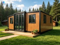 Rumah Kontainer Modern Ekspansiabel 20ft Mewah dengan Pintu Kaca Eksterior Motif Kayu untuk Rumah Kantor Hotel Vila Hunian di Halaman Belakang