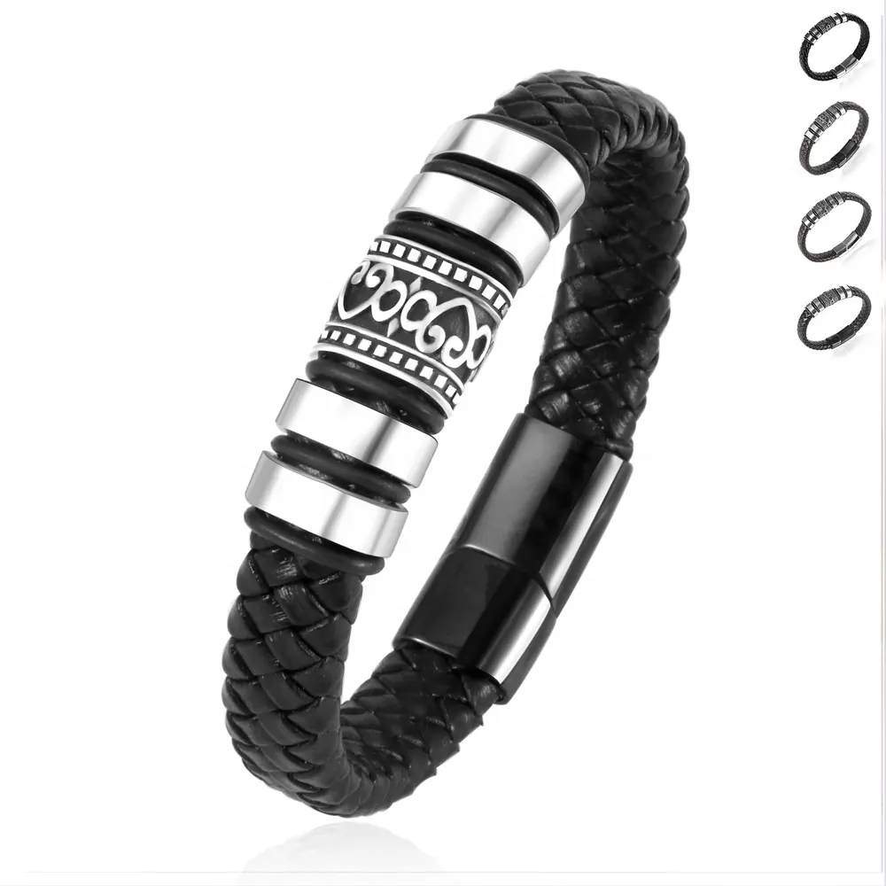 Vintage Men Pulseras Jewelry Homme Wristband Stainless Steel Beads Charm Black Brown Wide Genuine Leather Bracelets for Man