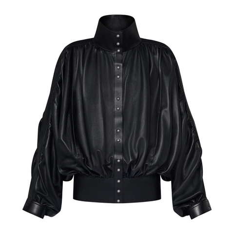 5228 New Style Stand-up Collar Sheepskin Heavy-duty Pleated Fitted Long-sleeved Loose-fitting Slimming Coat