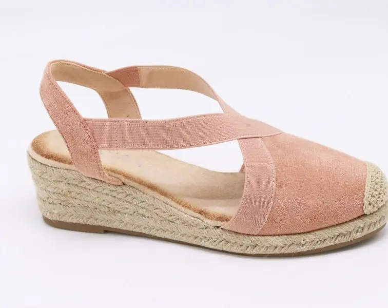 Sepatu kustom penuh musim panas sepatu hak tinggi Wedge wanita sandal Platform rami merah muda Suede sandal Wedge kustom dengan Logo