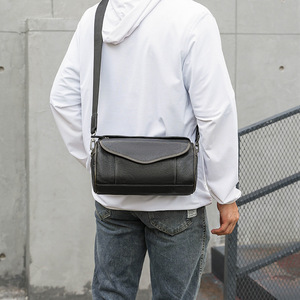 Men's Crossbody Bag Genuine Leather Black Small <b>Square</b> Shoulder Bag Durable Everyday Use Spring 2023 - Product Image 3
