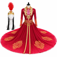 Costume de danse folklorique du Xinjiang pour femmes, dégradé rouge professionnel, broderie dorée de luxe, robe de scène avec coiffe
