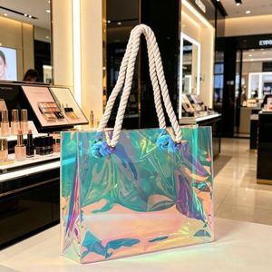 Custom Laser PVC Handbag Holographic Jelly Transparent <b>Large</b> Capacity <b>Gift</b> Shopping Beach <b>Bag</b> with Jute Rope Handle - Product Image 4