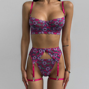 New Design <b>Explosive</b> Print Hollow Sexy Underwear <b>Color</b> Contrast Patchwork Sexy Lingerie Classic Fuchsia Printed Suit - Product Image 1