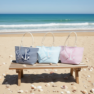 Sac de plage à rayures imprimées numériquement avec ancre, 57x37x17cm, avec petite sangle, pour femme, usage estival - Product Image 2