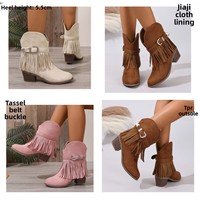 Bottines d'hiver mi-mollet à franges style européen et américain, à enfiler, à talons épais, pour femme, en faux daim avec empeigne en maille et semelle extérieure en TPR épaisse
