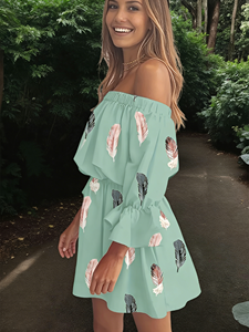 Off The Shoulder Chiffon Mini Dress With Feather Print Ruffle Sleeve Boho Loose Fit Summer Casual Dress - Product Image 2