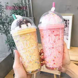 Korean version of ice cream ice cup summer cute double straw cup plastic fashion drink crystal water bottle CUP1551