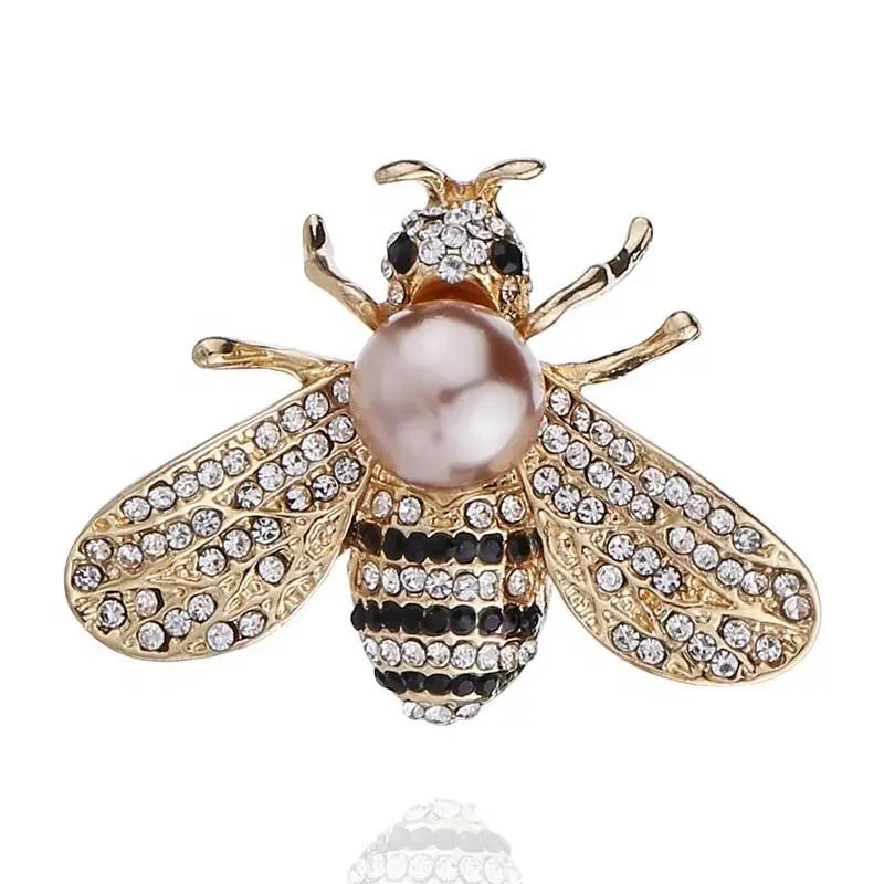 Fashion Luxury Women Custom Cartoon Insect Bee Crystal Rhinestones Pearl Brooch Pins Alloy Jewelry Accessories
