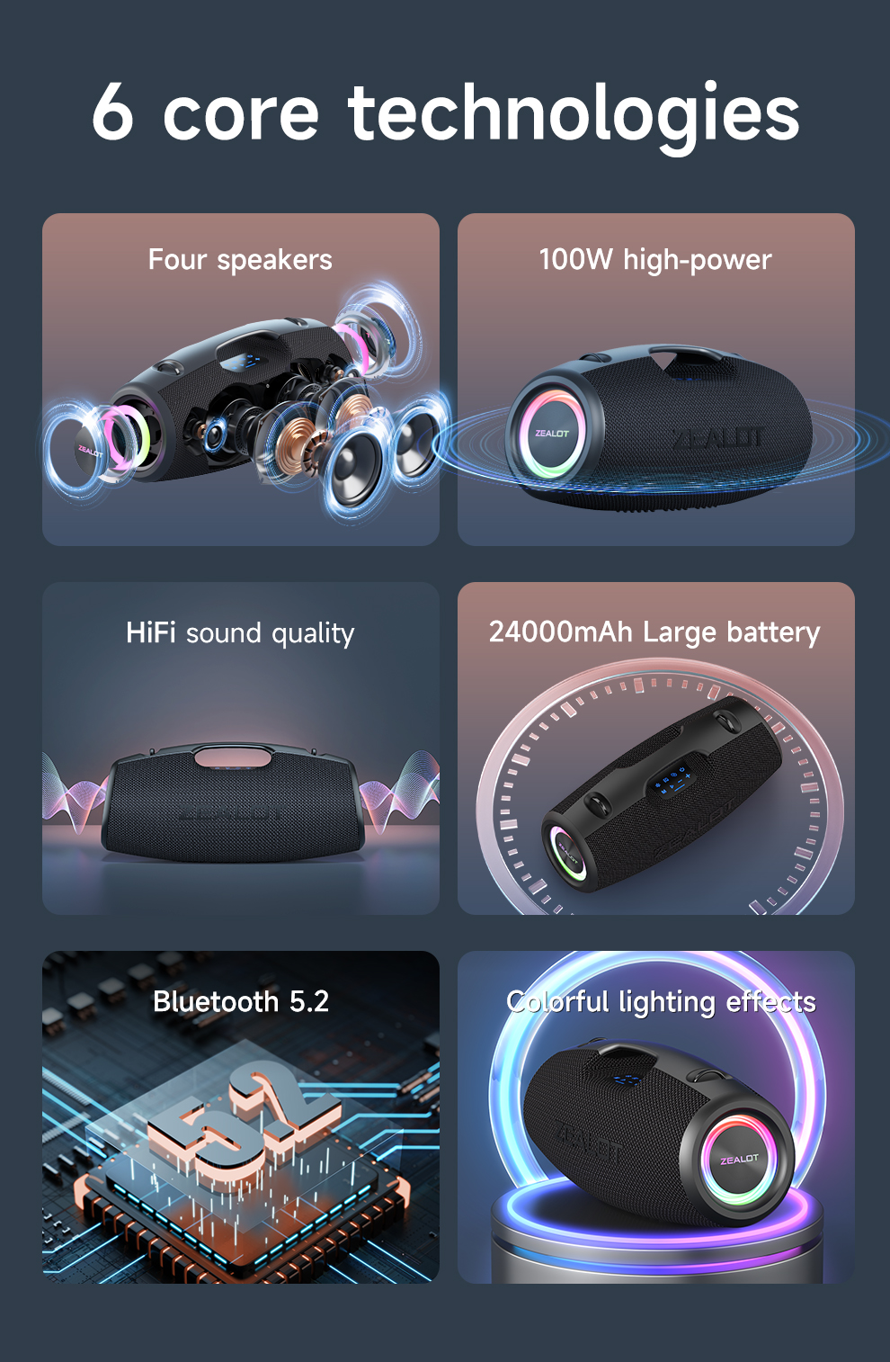 ZEALOT 100W ポータブルワイヤレススピーカー24000mAh Zealot 100W パーティースピーカー Outdoor BOOM BOX S78 - 防水