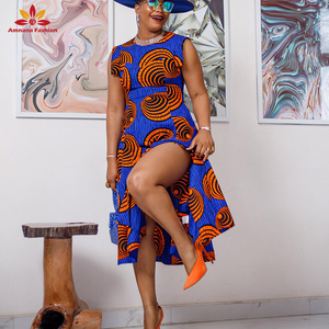 Klv — robe MIDI imprimée africaine <span class=keywords><strong>2022</strong></span> coton, tenue avec manches carrées, fermeture éclair sur le devant, ankara, prix de gros, 100% - Product Image 1