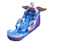 Toboggan aquatique gonflable commercial sur le thème de la licorne avec piscine à jets d'eau pour enfants, équipement de jeu aquatique pour fêtes en plein air dans la cour