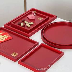 ถาดเสิร์ฟไม้สีแดงทรงกลมสีพื้นสำหรับงานแต่งงาน งานเลี้ยงน้ำชา กาแฟ - Product Image 2