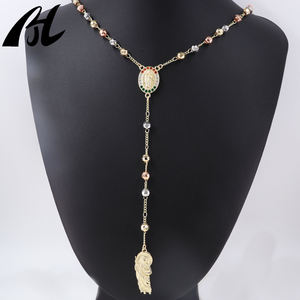 Popolare 14K placcato in <span class=keywords><strong>oro</strong></span> tricolore Vergine Maria <span class=keywords><strong>rosario</strong></span> <span class=keywords><strong>collana</strong></span> con San Beneditto crocifisso perlina tipo catena artiglio impostazione intarsio - Product Image 6