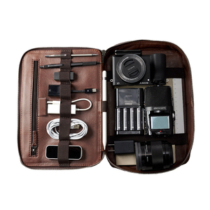 Luxury Leather Digital Cable Storage Bag Large Vintage Style Electronic Gear Organizer W Metal Zipper for Power Bank <b>Camera</b> - Product Image 1
