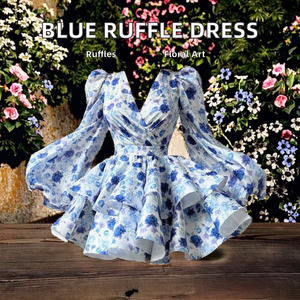 Robe Courte d'Été Décontractée Bleue à Volants et Fermeture Éclair au Dos pour Femme, Tissée Respirante, à Manches Longues, Imprimé Floral, Collection 2025 - Product Image 2