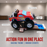 Château gonflable avec toboggan frontal, thème Monster Truck, respectueux de l'environnement, garantie 3 ans, location pour fêtes d'enfants, château gonflable commercial