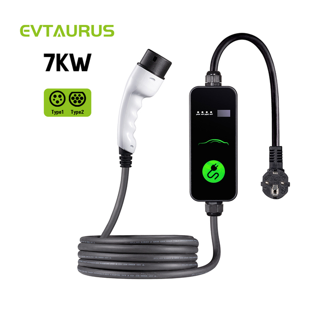EVTAURUS New 7 kW BYD Atto 3 Portable Battery EV Charger Type1/Type2/GBT Interface 5 Meters Cable AC220V Input