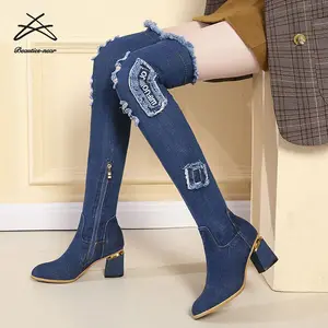 Bottes au dessus du genou pour femmes, bottes en jean bleu pour femmes, fermeture éclair, talons hauts minces pour dames, chaussures d'automne