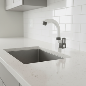 Robinet de cuisine moderne blanc et gris à levier unique avec bec courbé - Product Image 2