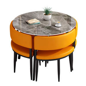 Table à manger ronde en marbre gris veiné, style luxe léger, <span class=keywords><strong>moderne</strong></span>, coins arrondis, anti-collision, usage commercial, durable, 6 chaises - Product Image 4