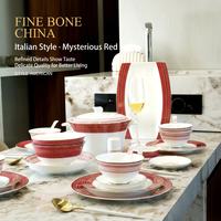Service de table en porcelaine fine de Tangshan, assiettes et bols ronds imprimés rouges, coffret cadeau personnalisable pour mariage et nouvellement-marrieds