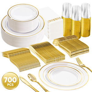 Ensemble de vaisselle jetable durable en PET écologique de 700 pièces, kit de vaisselle, assiettes, tasses, couverts, serviettes, pour mariage, fête, anniversaire - Product Image 1