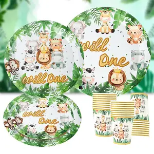 Jungle Animal Disposable paper plates sets Cup Dinnerware for kids boy birthday baby shower Wild one party favors supplies