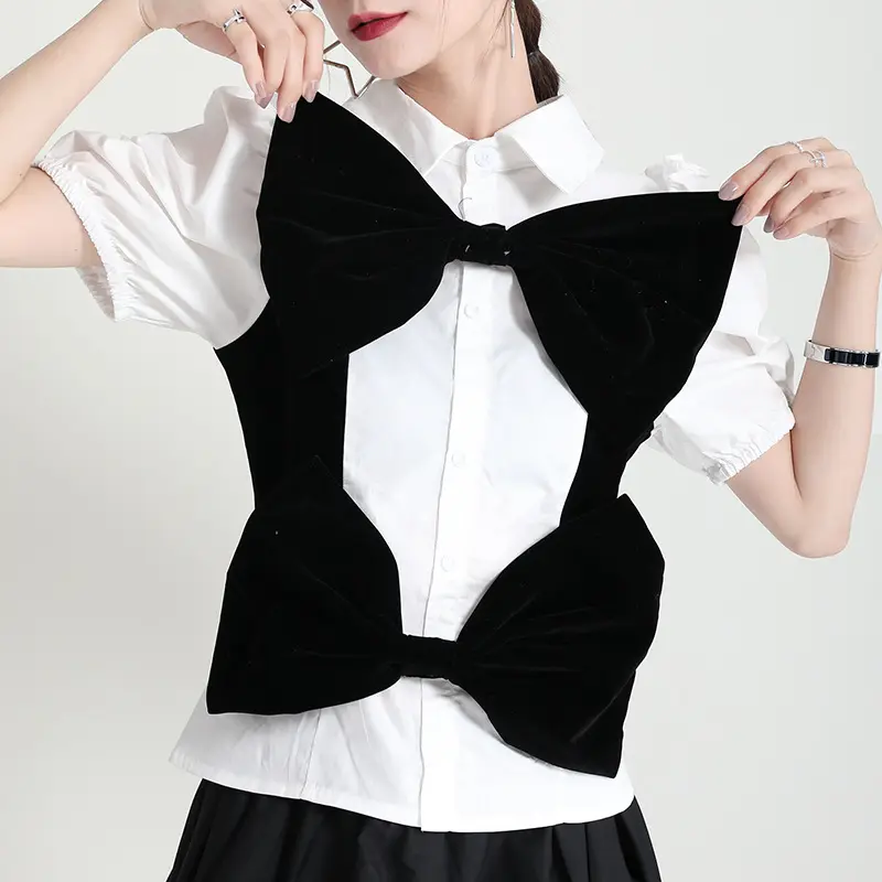 Women's Stitching Velvet Bow Shirt 2021 Summer New Blouse Design Sense Puff Sleeve Top Fashion Patchwork Streetwear Blusas