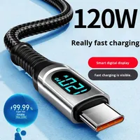 Kabel USB tipe-c pengisian daya Cepat PD 120W, kabel USB tipe-c pria dengan tampilan LED, jaket PVC dan pelindung jalinan untuk penggunaan komputer, kabel Data