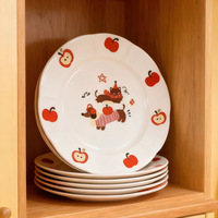 Assiettes en céramique pour enfants, motif pomme et animaux de dessin animé, pour dîner, salade, collation, idéales pour la maison et les fêtes, compatibles lave-vaisselle et micro-ondes, CS020