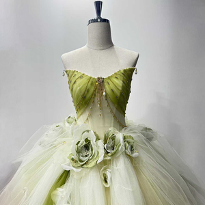 Robe de Quinceañera Spjy014 en satin vert sauge avec appliques florales 3D, corset perlé et tulle scintillant pour soirée de bal - Product Image 2