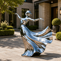 Sculpture Moderne Femme Dansante au Coucher du Soleil en Acier Inoxydable Poli Miroir, Robe Longue, Décoration Extérieure pour Piscine, Jardin, Villa
