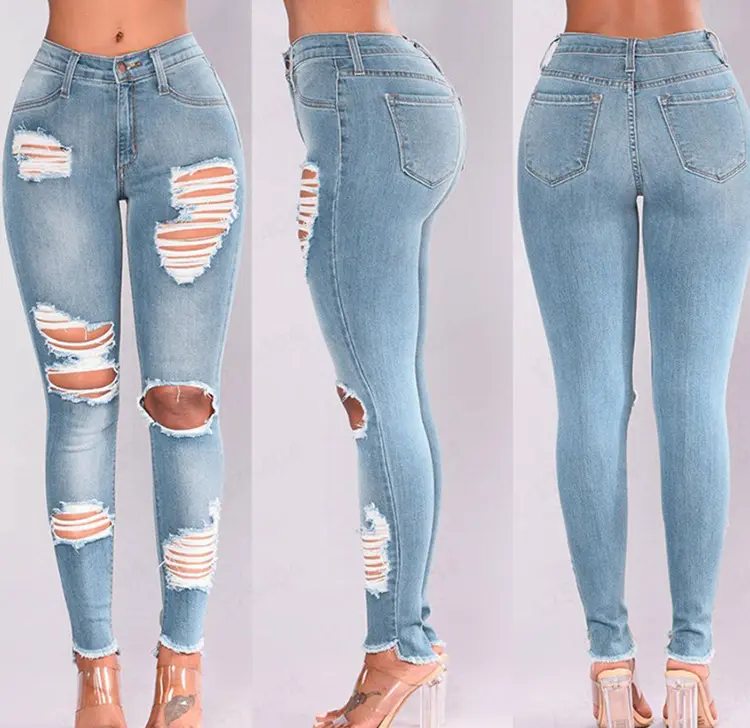 Celana jeans sobek perdagangan luar negeri wanita, celana jeans pensil ramping skinny pinggang tinggi kaki kecil