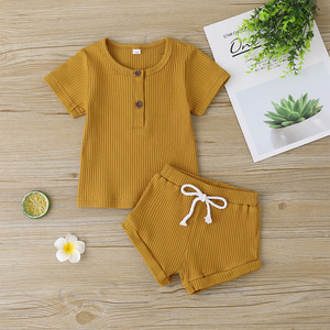 Ensemble d'été pour bébés filles et garçons : haut côtelé en coton, short et bandeau – Vêtements pour enfants à manches courtes et pantalons – Tenues pour bébés - Product Image 6