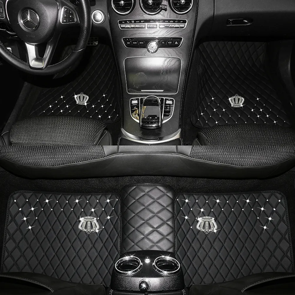 Alfombrillas antideslizantes para el suelo del coche, accesorio de lujo con diamantes personalizados, Material de corona de cuero, alfombra Universal
