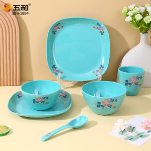 Wuhe Five-piece Melamine Tableware Set Floral Design Rectangular Plates Bowls Cups Household Dinnerware Daily Use - Product Image 4