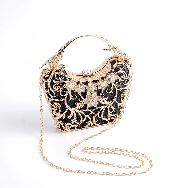 Bolsas de noite femininas de metal com diamantes e flores luxuosas e brilhantes da moda vintage