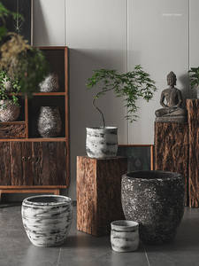 Pot de fleurs vintage en ciment vieilli style Wabi-Sabi de grand diamètre pour usage intérieur/extérieur avec fleurs, lys, <span class=keywords><strong>bambou</strong></span> - Product Image 1