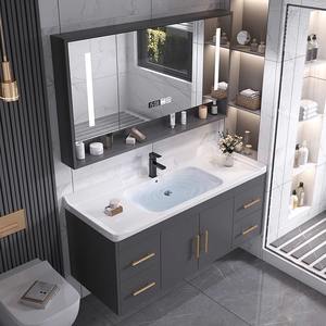 Nordic minimalist grey wall hung vanity with smart led mirror <b>cabinet</b> and ceramic sink - Product Image 4