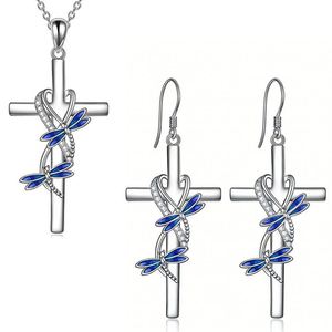 Female Crystal White Blue Zircon Stone Butterfly Cross Pendant Necklace Earrings Vintage Silver Color Wedding Jewelry for Women - Product Image 1
