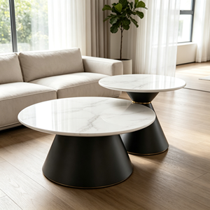 Ensemble de tables basses gigognes rondes minimalistes noires avec plateau en marbre et piédestal conique, style luxe léger, pour salon et hôtel - Product Image 4