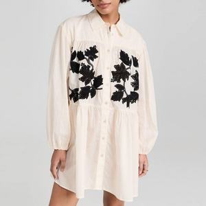 Vestido Camisero Mini de Algodón y Lino de Alta Calidad con Bordado Floral y Manga Larga para Mujer, Gran Venta - Product Image 1