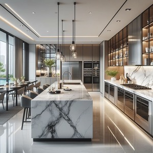 Tùy chỉnh hoàn chỉnh sơn mài kính nhà bếp đảo thiết lập với bồn rửa bằng thép không gỉ Granite đá cẩm thạch Countertop cho ăn uống hiện đại không gian - Product Image 2