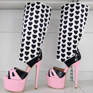 Stivali al ginocchio da donna con tacco alto 15 cm e plateau, neri e <span class=keywords><strong>bianchi</strong></span> con stampa <span class=keywords><strong>a</strong></span> cuore, scarpe da pole dance con tacco <span class=keywords><strong>a</strong></span> <span class=keywords><strong>spillo</strong></span> e punta aperta - Product Image 6